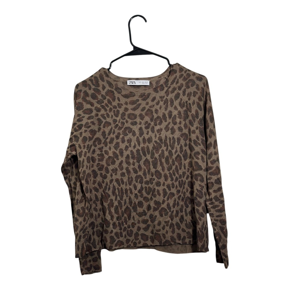 Zara Leopard Print Brown Crew Neck Light Weight Fine Knit Top Women's Size Small